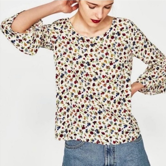Zara White Floral Print Crepe Fabric Bell Sleeve Blouse - Picture 1 of 13